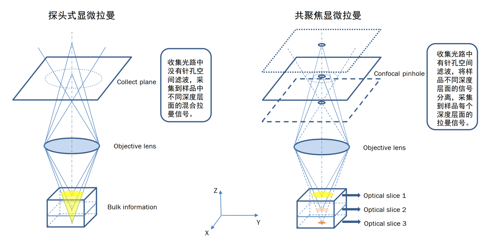 探头式显微拉曼与共聚焦显微拉曼的光路结构对比